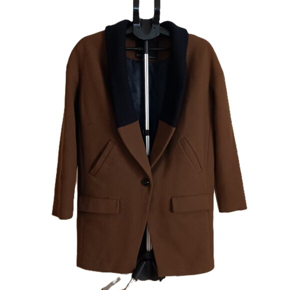 Zara Women's Brown Oversized Overcoat Navy Lapel Size M Medium - Picture 1 of 12